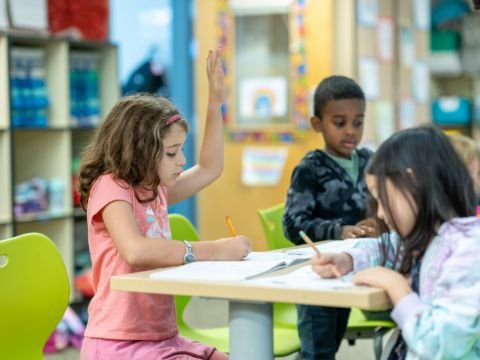 student in class raising hand